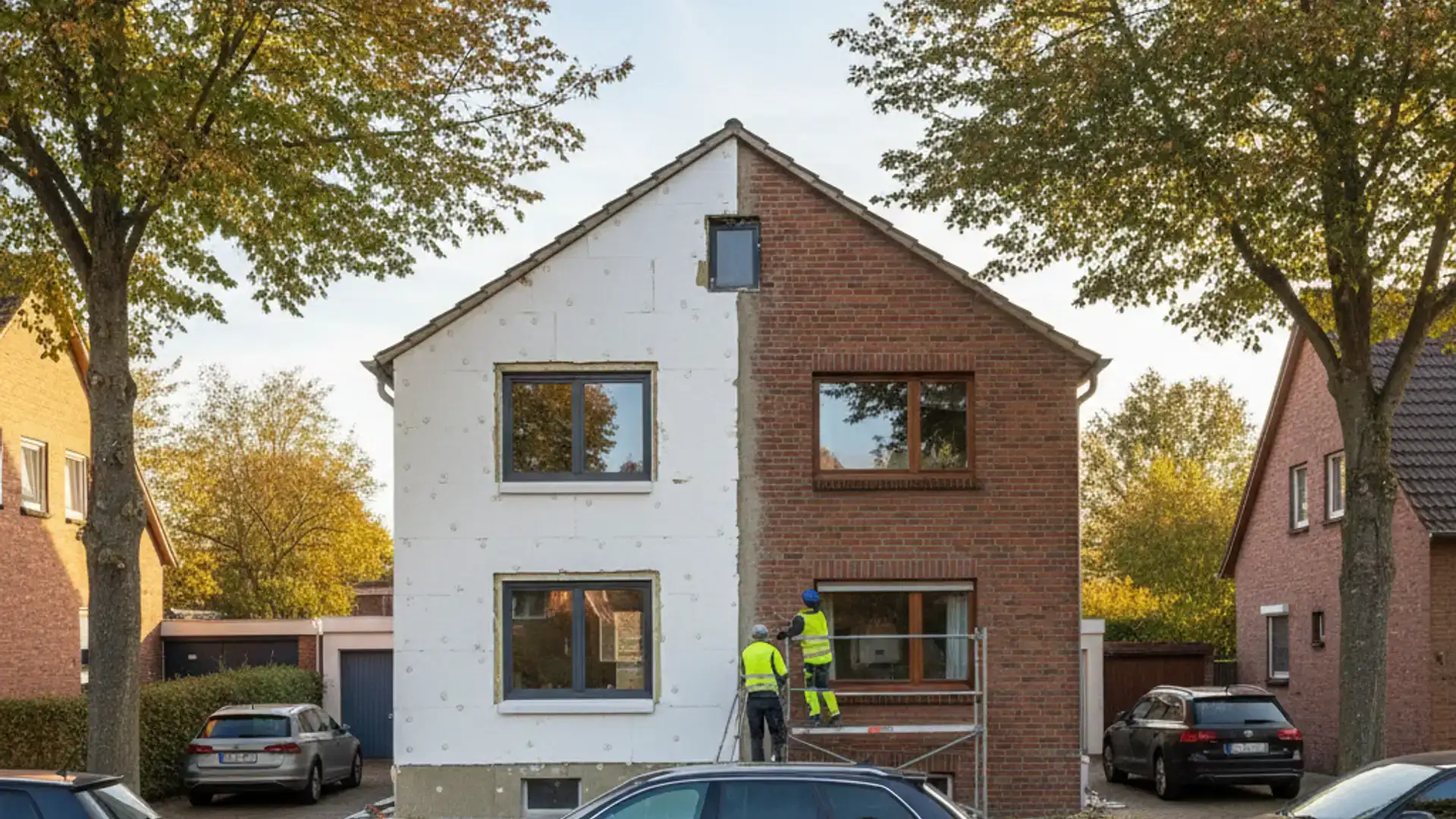 Fassadendämmung an einem Wohnhaus mit Gerüst